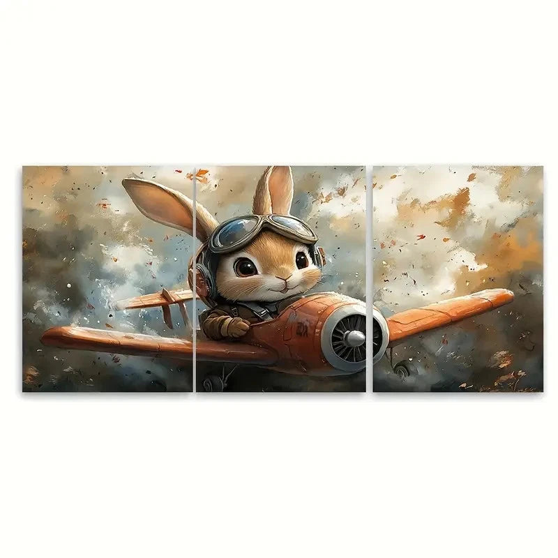 3pcs Cartoon Pilot Bunny Rabbit Plane Watercolour Metal Print Ready to Hang Art - Bella Home Decor