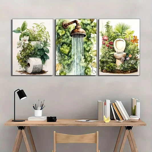 3pcs Abstract Fun Bathroom Art, Floral Posters Metal Print Ready to Hang Art