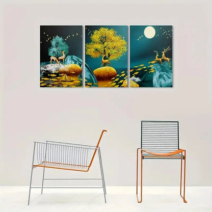 3pcs Golden Blue Deer and Tree Wall Art Set Canvas Framed 60x90cm - High Quality Print 100% Australian Made Wall Canvas Ready to Hang