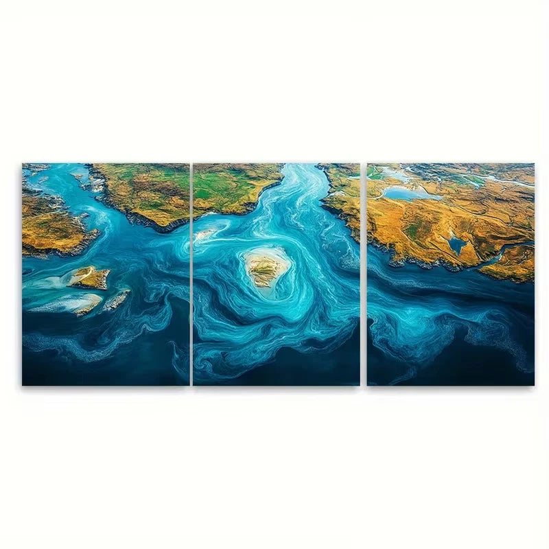 3pcs Swirling Natural Vivid Blue Rivers Aerial Metal Print Ready to Hang Art - Bella Home Decor
