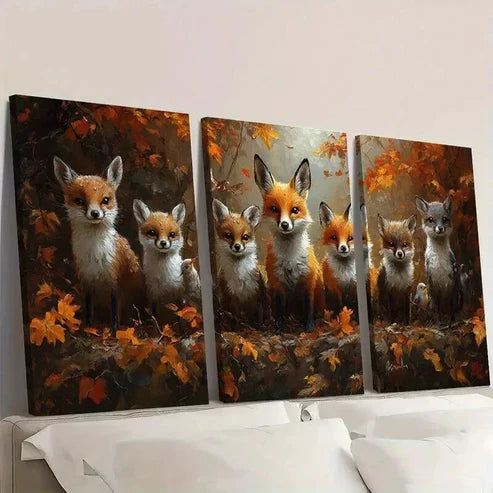 3pcs Fox Family in Vibrant Autumn Forest Wall Art Canvas Unframed - High Quality Print 100% Australian Made Wall Canvas - Bella Home Decor