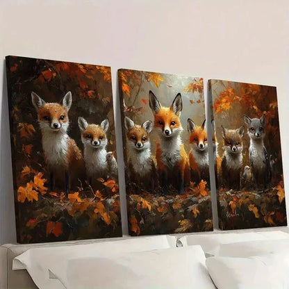 3pcs Fox Family in Vibrant Autumn Forest Wall Art Canvas Unframed - High Quality Print 100% Australian Made Wall Canvas - Bella Home Decor
