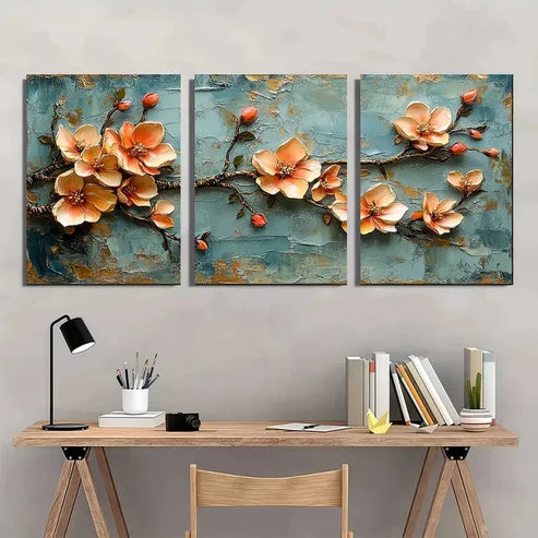 3pcs Golden Leaf Blossom Floral Golden Wall Art Set Canvas Unframed - High Quality Print 100% Australian Made Wall Canvas - Bella Home Decor