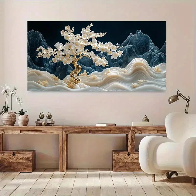 White Blossoms Mountains wall canvas office home room framed 120x60cm - Bella Home Decor