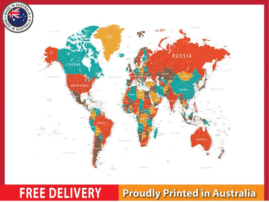 World map with details 91x61cm poster AU