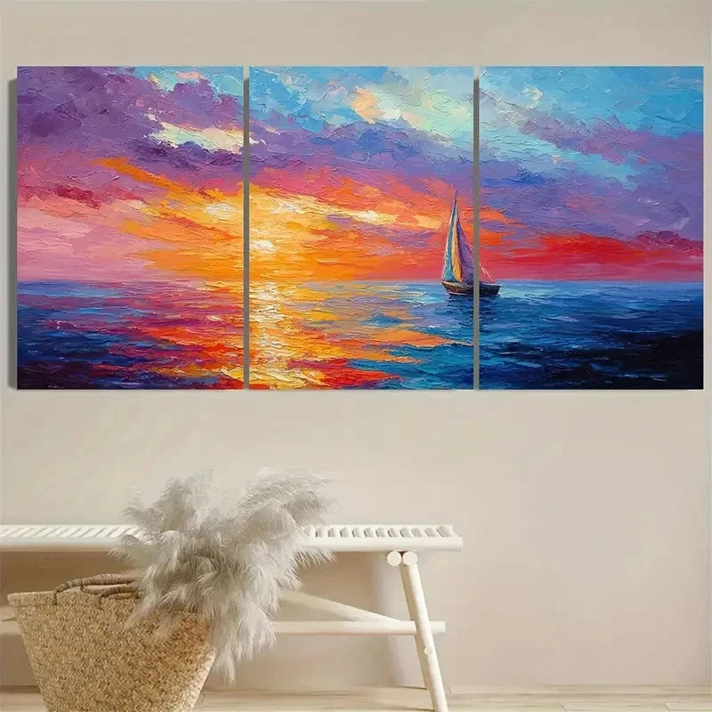 3pcs Colorful Vibrant Sunset Sailboat Wall Art Metal Print Ready to Hang Art - Bella Home Decor
