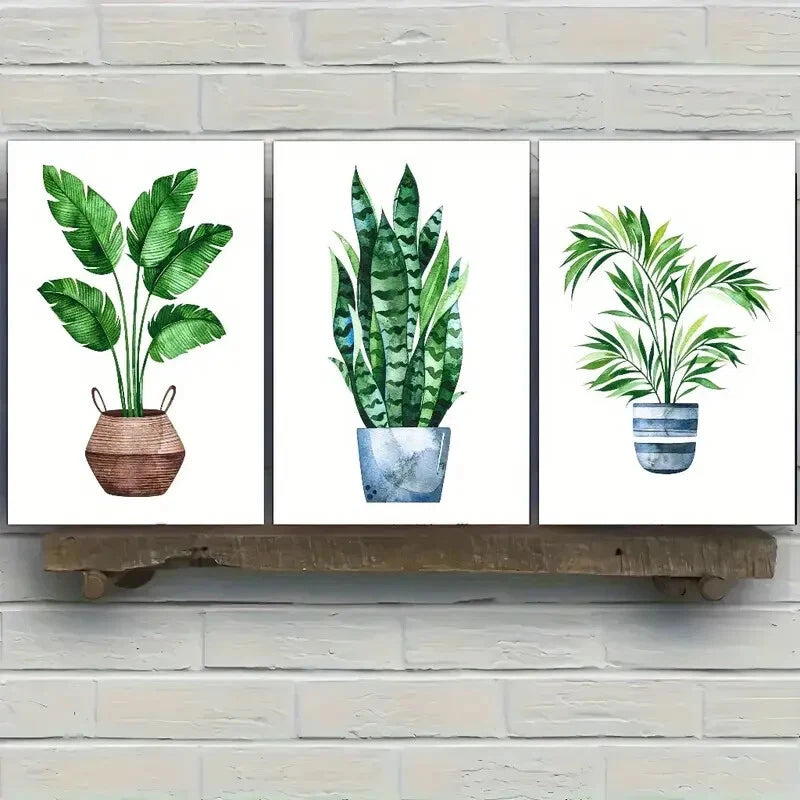 3pcs Botanical Art Potted Plant Poster Dormitory Metal Print Ready to Hang Art
