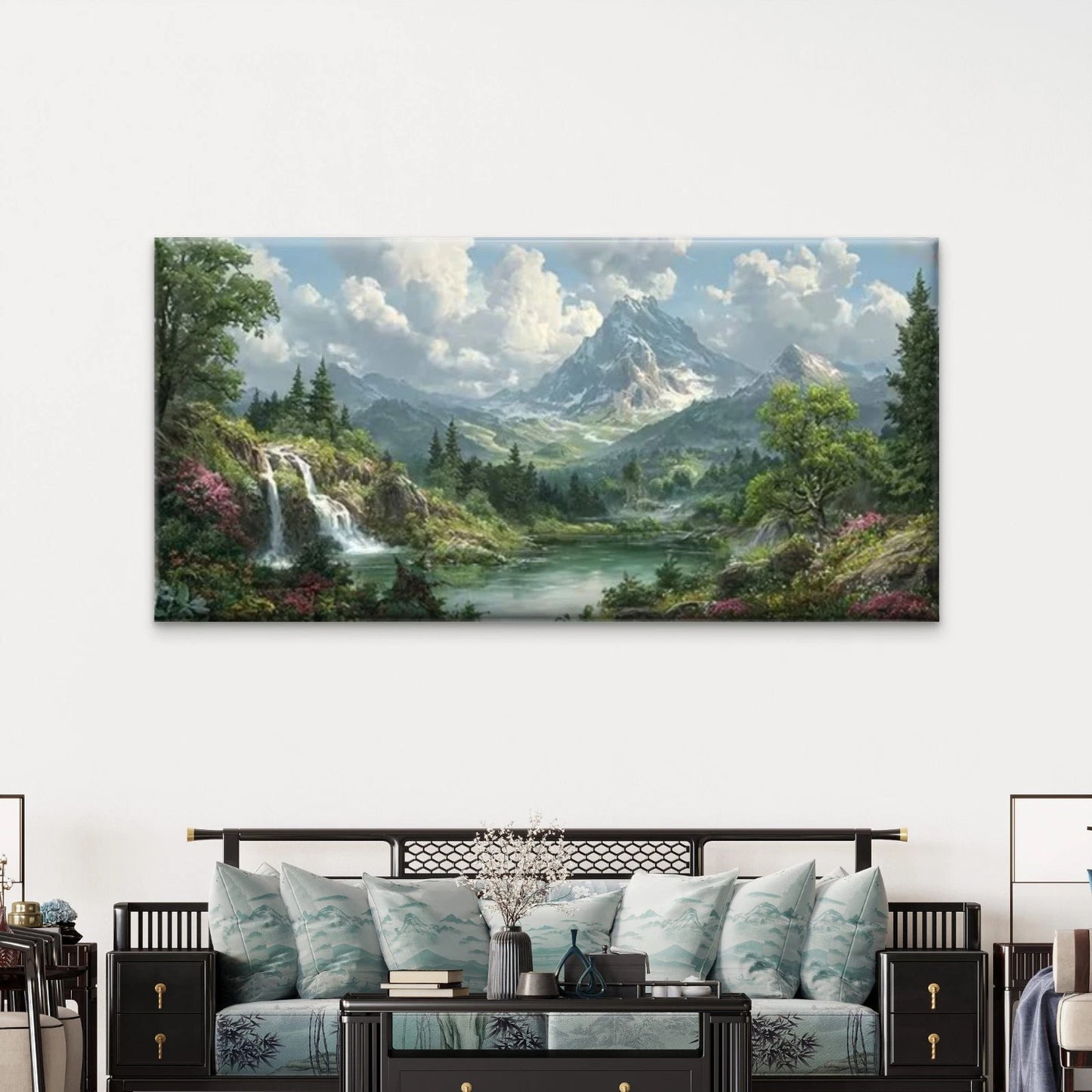 Floral Landscape with Mountains Wall Art Canvas Office Home Room Framed 120x60cm - Bella Home Decor