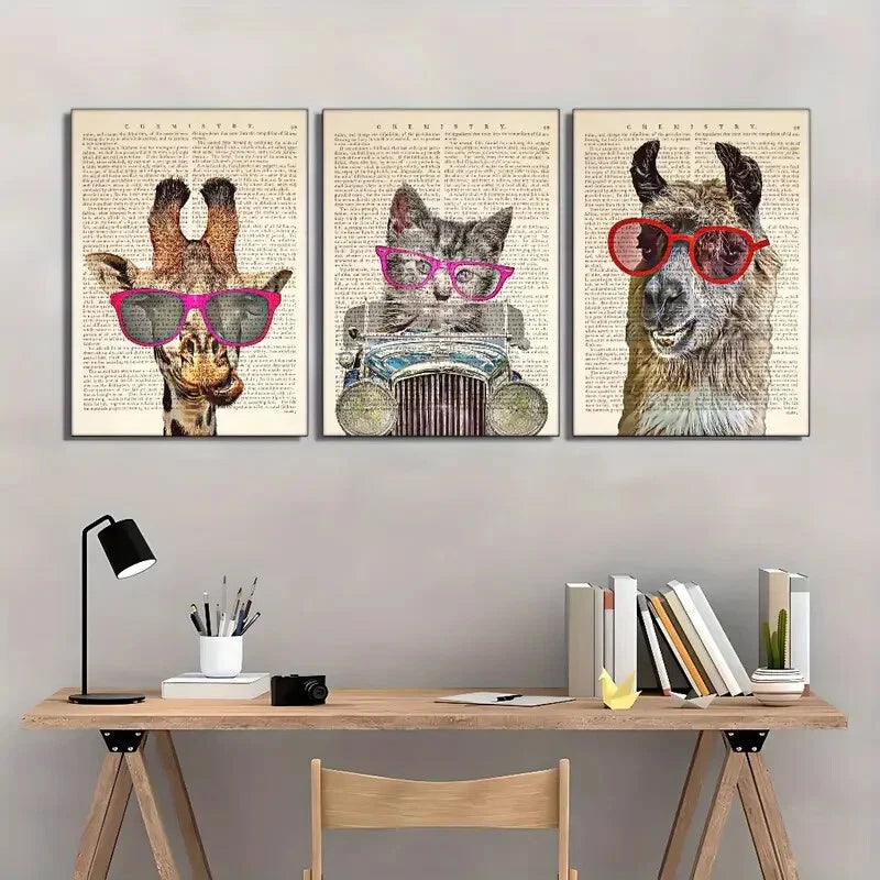 3pcs Minimalist Animal Wall Art with Glasses Metal Print Ready to Hang Art