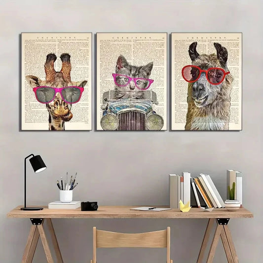 3pcs Minimalist Animal Wall Art with Glasses Metal Print Ready to Hang Art
