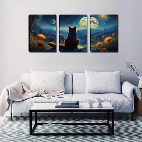 3pcs Black Cat Back, Moon, Wall Art Canvas Unframed - High Quality Print 100% Australian Made Wall Canvas - Bella Home Decor