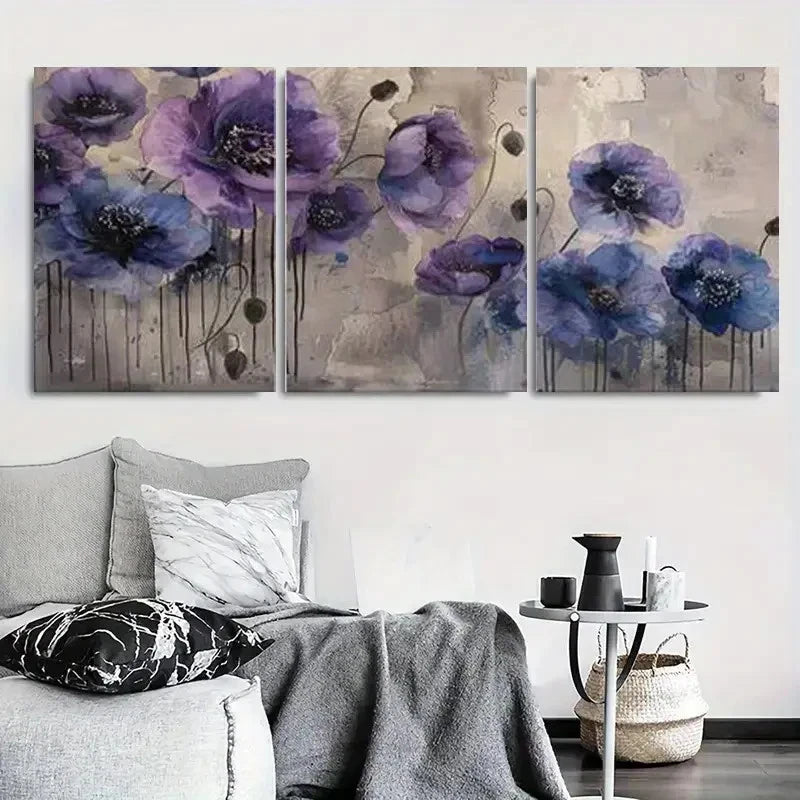 3pcs Modern Abstract Purple Poppy Floral Wall Art Set Canvas Framed 60x90cm - High Quality Print 100% Australian Made Wall Canvas Ready to Hang