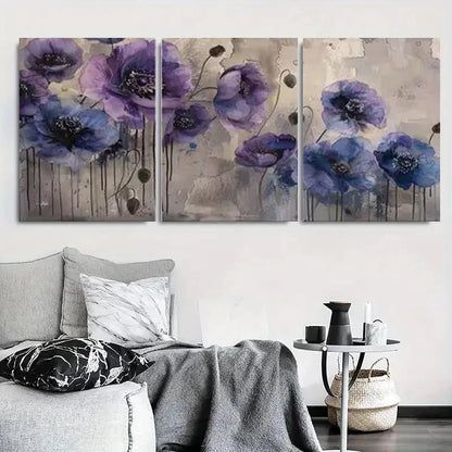 3pcs Modern Abstract Purple Poppy Floral Wall Art Set Canvas Framed 60x90cm - High Quality Print 100% Australian Made Wall Canvas Ready to Hang