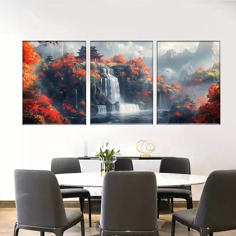 3pcs Autumn Waterfall Chinese Landscape Wall Art Set Canvas Framed 50x70cm - High Quality Print 100% Australian Made Wall Canvas Ready to Hang