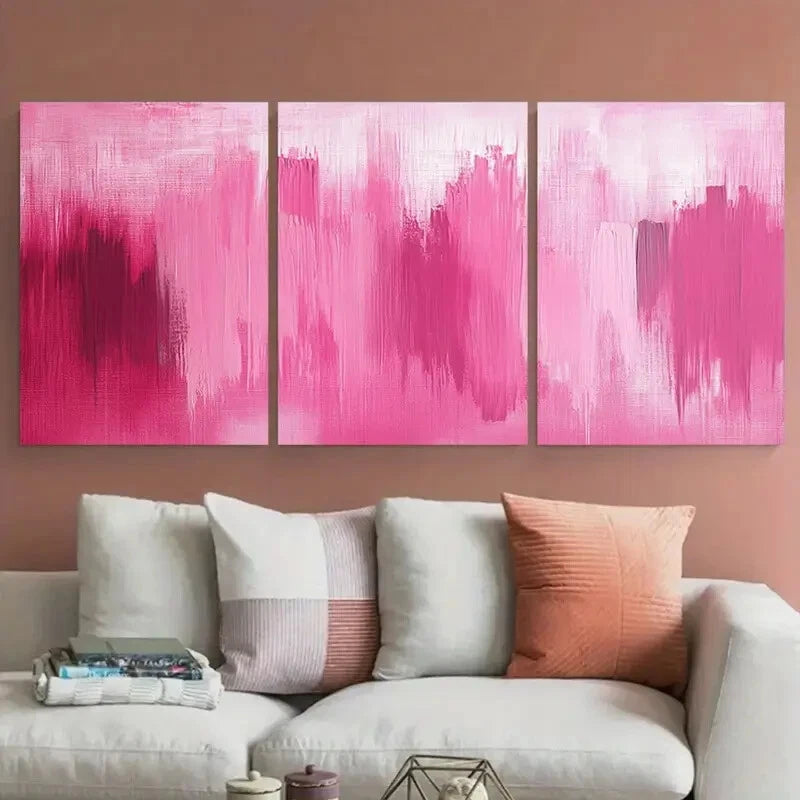 3pcs Vibrant Pink Abstract Brush Stroke Design Metal Print Ready to Hang Art - Bella Home Decor