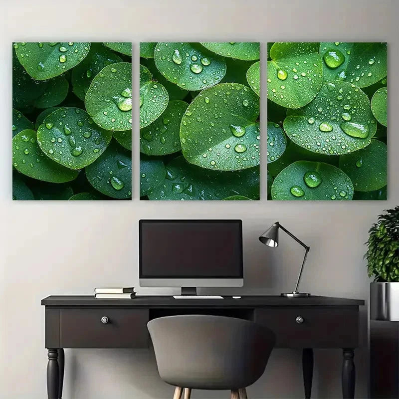 3pcs Water Dew Covered Botanical Leaves Metal Print Ready to Hang Art