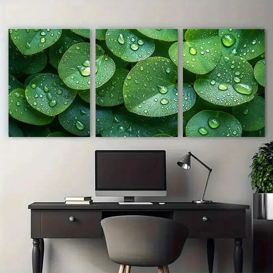 3pcs Water Dew Covered Botanical Leaves Metal Print Ready to Hang Art
