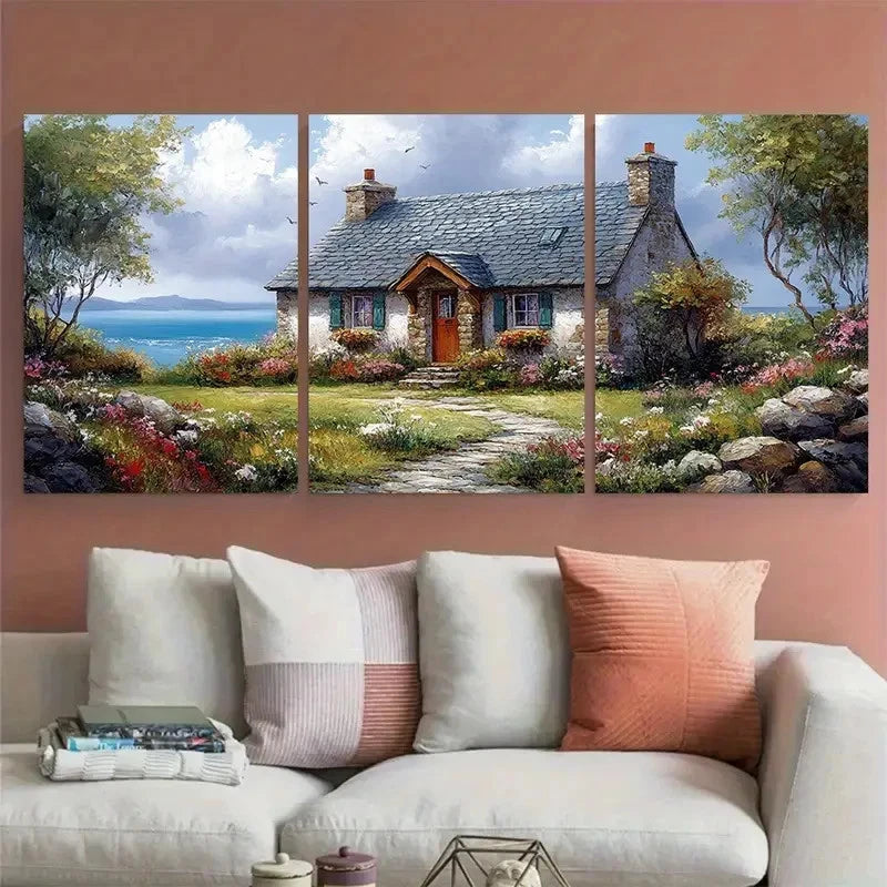 3pcs Irish Cottage with Sea view Illustration Metal Print Ready to Hang Art