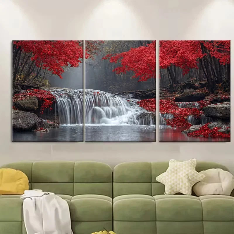 3pcs Serene Waterfall Stream Red Autumn Forest Metal Print Ready to Hang Art