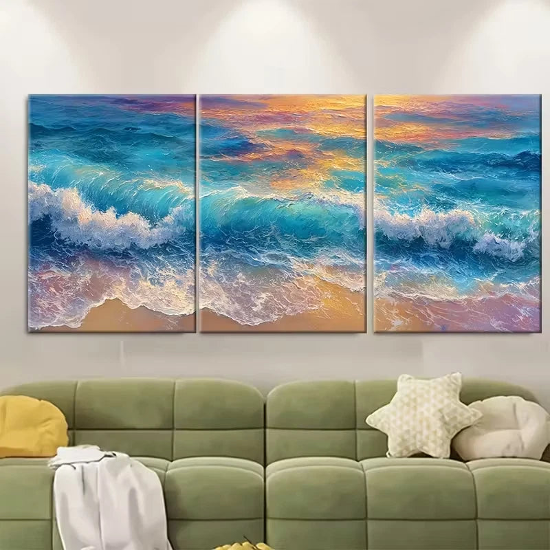 3pcs Golden Sea Sunset. Metal Print Ready to Hang Art - Bella Home Decor