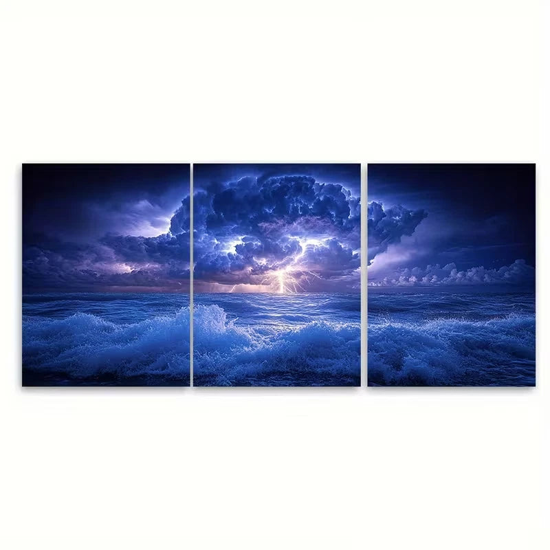 3pcs Lightning Storm Over Turbulent Ocean Nature Metal Print Ready to Hang Art