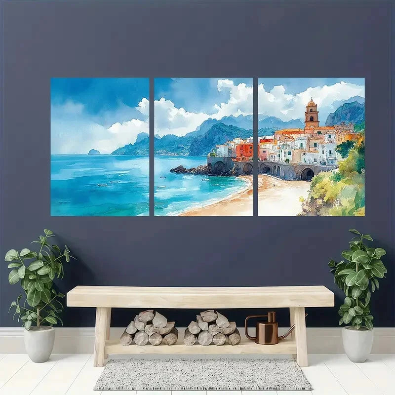 3pcs Atrani Italy Landscape Watercolor Triptych Metal Print Ready to Hang Art - Bella Home Decor