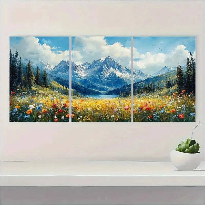 3pcs Mountain Landscape Meadow Painting Metal Print Ready to Hang Art - Bella Home Decor