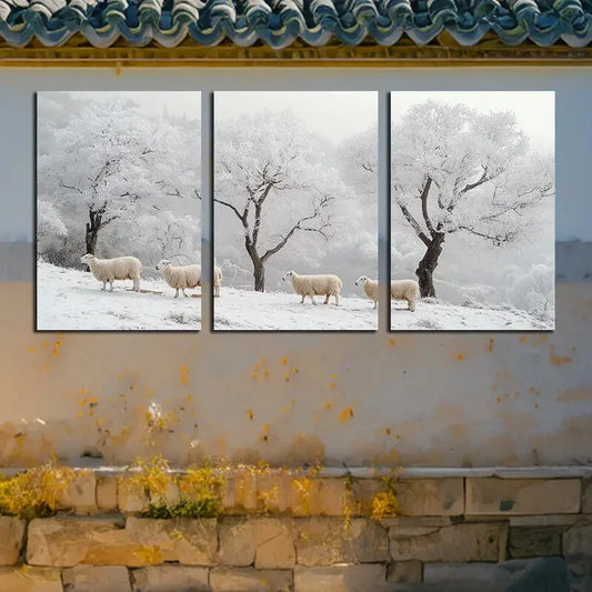3pcs Flock of Sheep in Snow Metal Print Ready to Hang Art