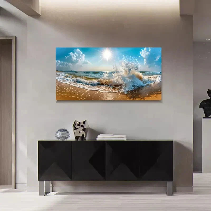 Serene Sandy Shore & Ocean Wave Wall Art Canvas Office Home Room Framed 120x60cm