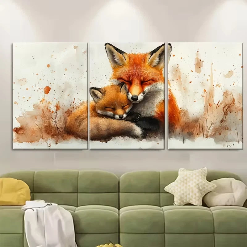 3pcs Watercolor Fox Mother Kit Cuddling Metal Print Ready to Hang Art