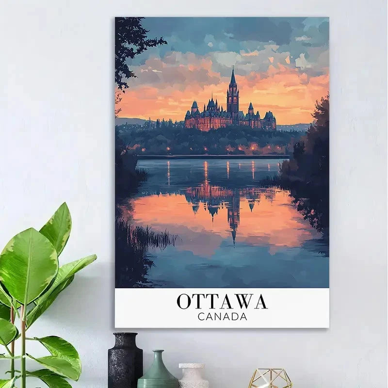 Ottawa Canada Castle Sunset Reflection Vintage Travel Poster Print Wall Art - Bella Home Decor