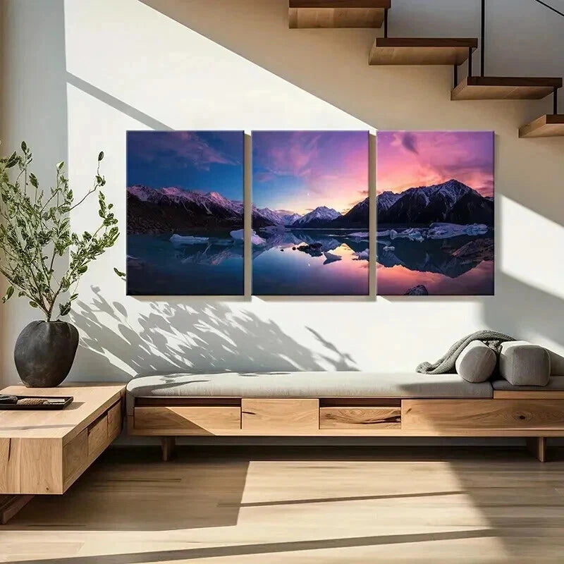 3pcs Sunset Through Snow Mountains & Lake Wall Art Set Canvas Framed 60x90cm - High Quality Print 100% Australian Made Wall Canvas Ready to Hang - Bella Home Decor