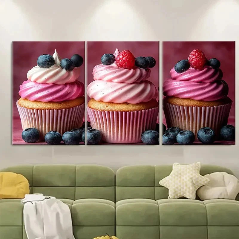 3pcs Cupcake Whimsical Bakery gk  Wall Art Set Canvas Framed 50x70cm - High Quality Print 100% Australian Made Wall Canvas Ready to Hang - Bella Home Decor