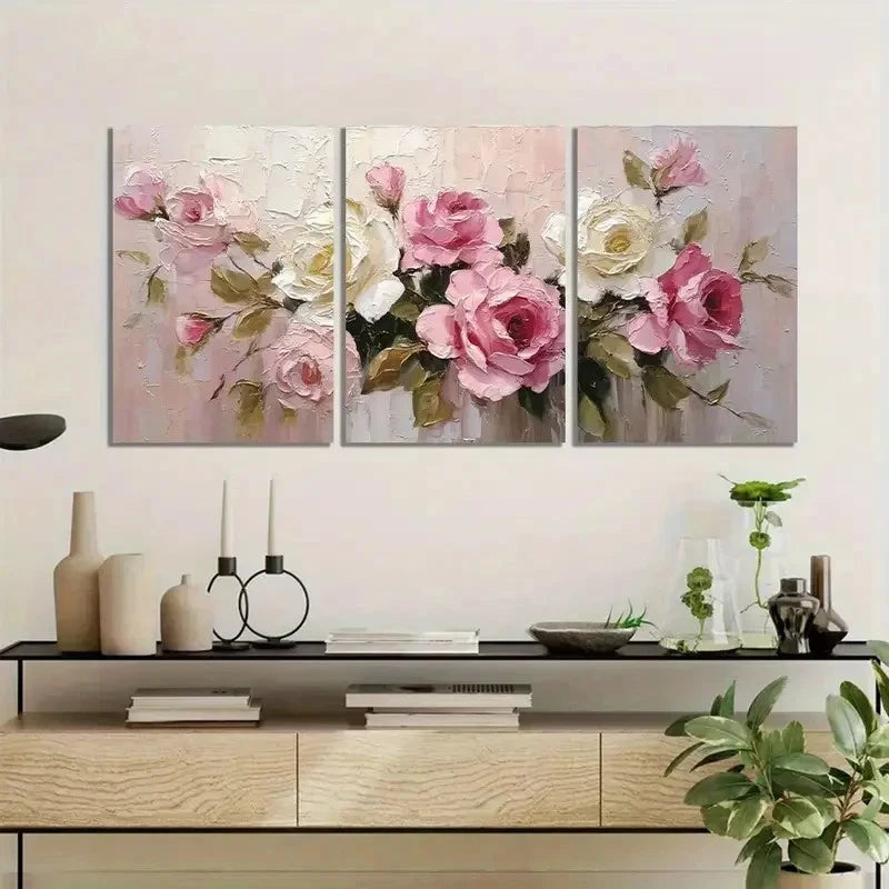 3pcs Elegant Oil Painting of Blooming Roses Metal Print Ready to Hang Art - Bella Home Decor