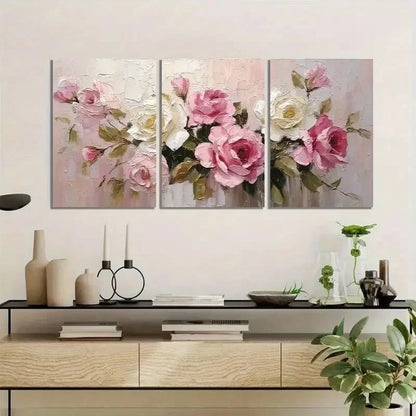 3pcs Elegant Oil Painting of Blooming Roses Metal Print Ready to Hang Art - Bella Home Decor