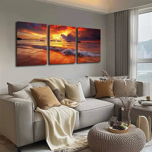 3pcs Triptych Beach Sunset Wall Art Set Canvas Framed 50x70cm - High Quality Print 100% Australian Made Wall Canvas Ready to Hang
