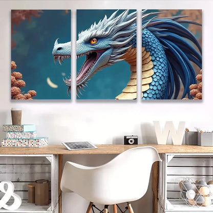 3pcs Smaug Blue And Golden Dragon Wall Art Set Canvas Framed 60x90cm - High Quality Print 100% Australian Made Wall Canvas Ready to Hang