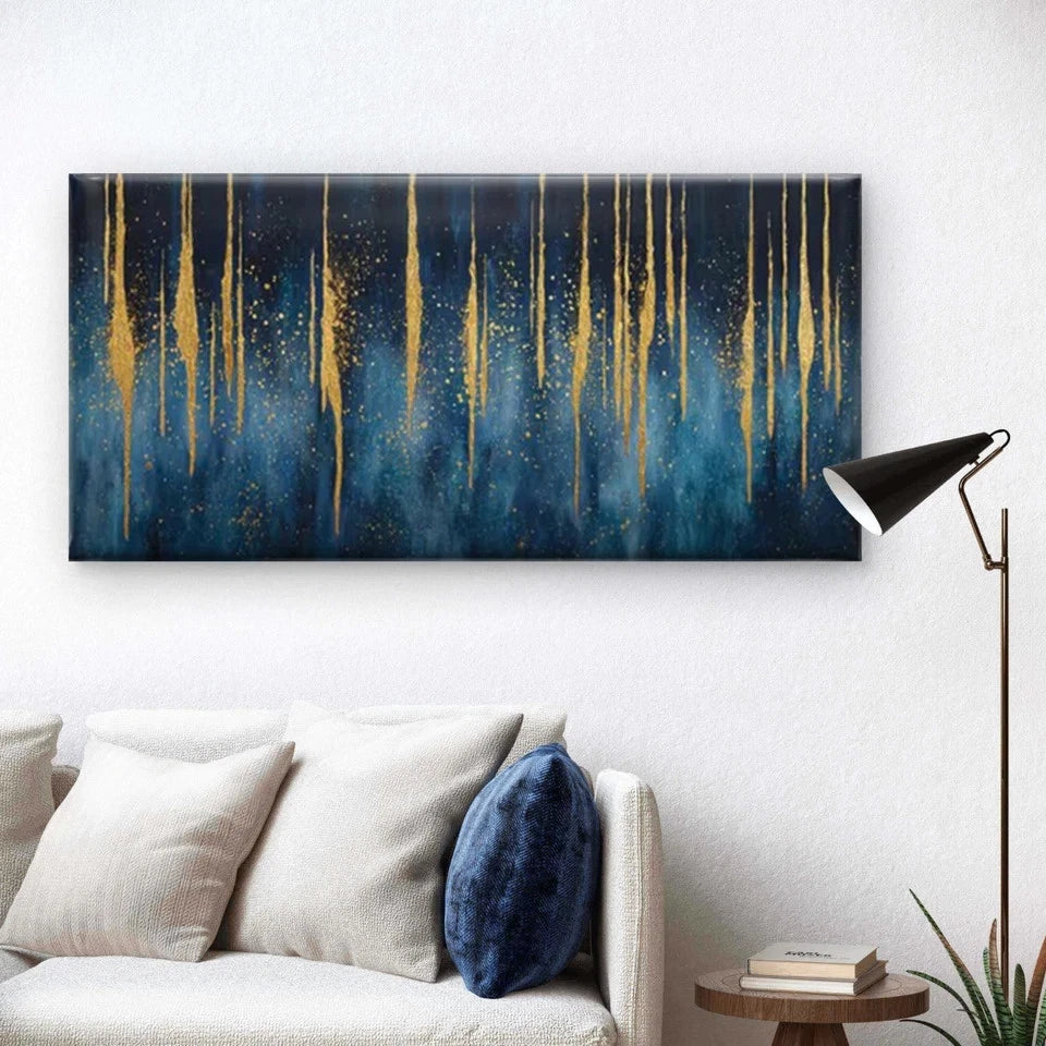 Blue & Golden Abstract Drip Wall Art Canvas Office Home Room Framed 120x60cm