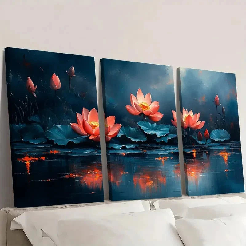 3pcs Vibrant Lotus Flower Canvas Art R Wall Art Set Canvas Framed 50x70cm - High Quality Print 100% Australian Made Wall Canvas Ready to Hang - Bella Home Decor