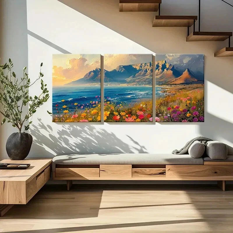 3pcs Mountain Landscape Vibrant Flowers Coastal Metal Print Ready to Hang Art - Bella Home Decor