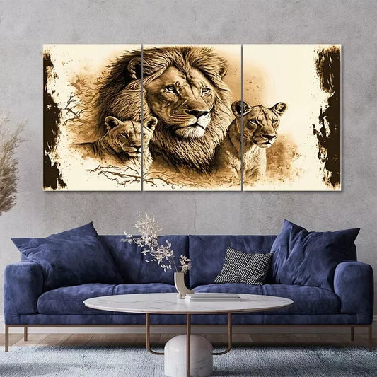3 Piece Lion And Lioness Painting Style Canvas Framed 40x60cm - High Quality Print 100% Australian Made Wall Canvas Ready to Hang - Bella Home Decor