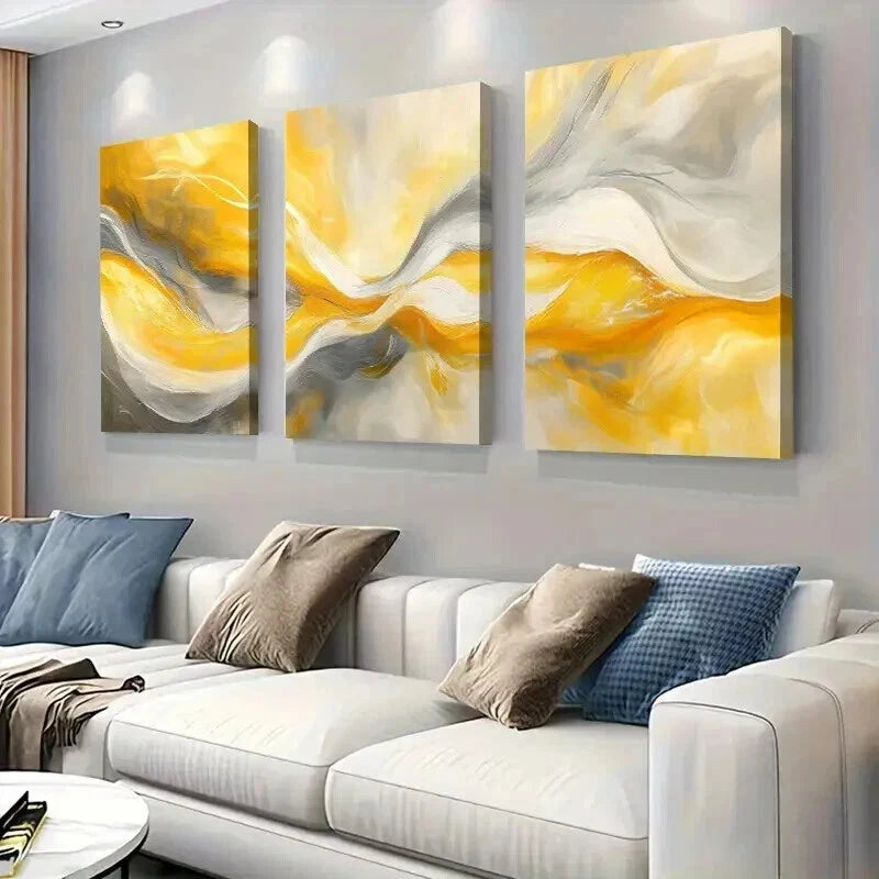 3pcs Abstract Yellow And Gray Design Wall Art Set Canvas Framed 40x60cm - High Quality Print 100% Australian Made Wall Canvas Ready to Hang - Bella Home Decor