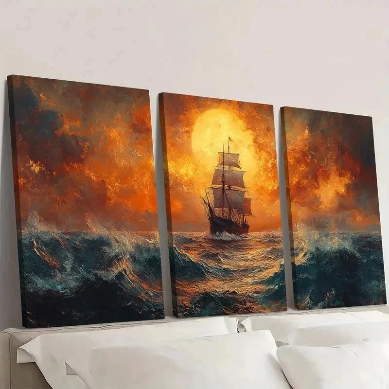 3pcs Vintage Seascape Art DT   Wall Art Set Canvas Framed 60x90cm - High Quality Print 100% Australian Made Wall Canvas Ready to Hang