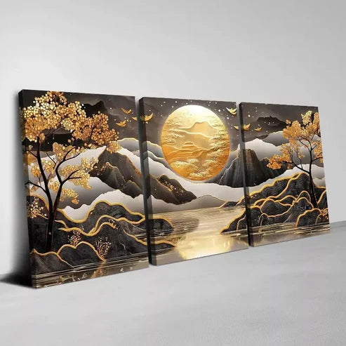 3pcs Beautiful Golden Sun Mountain Trees View Wall Art Canvas Unframed - High Quality Print 100% Australian Made Wall Canvas - Bella Home Decor