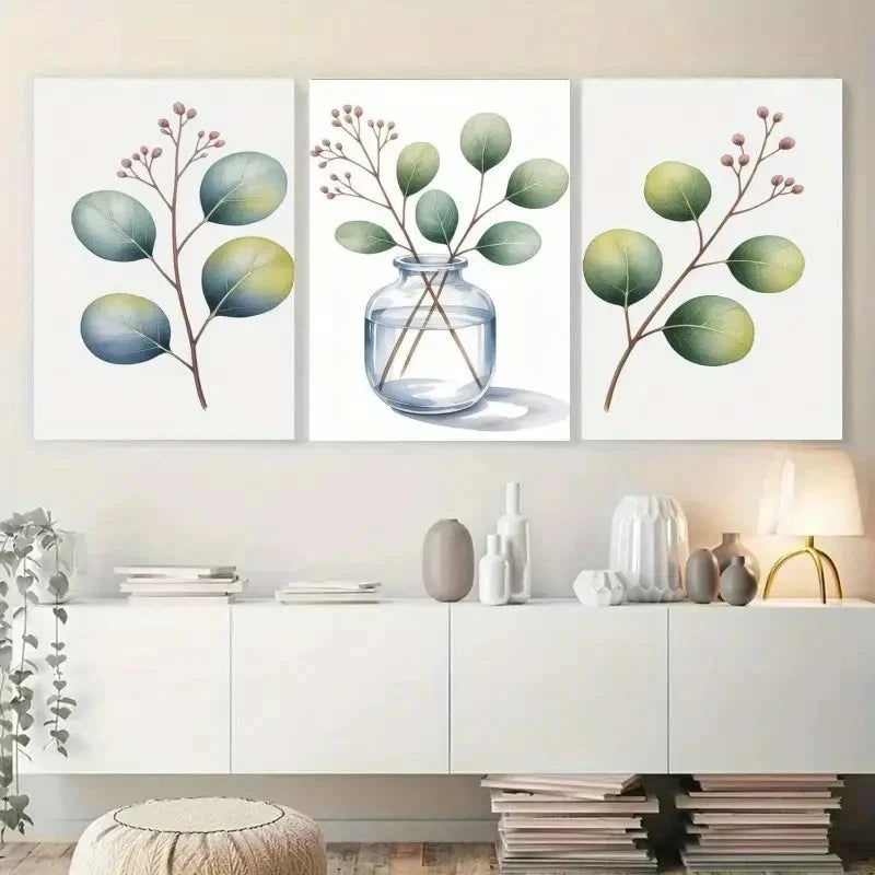 3pcs Botanical Prints with Blue & Green Leaves Metal Print Ready to Hang Art - Bella Home Decor