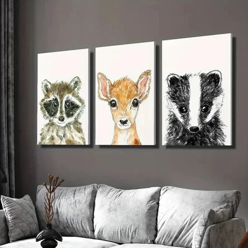 3pcs Baby Raccoon Cute Deer and Badger Wall Art Set Canvas Unframed - High Quality Print 100% Australian Made Wall Canvas - Bella Home Decor