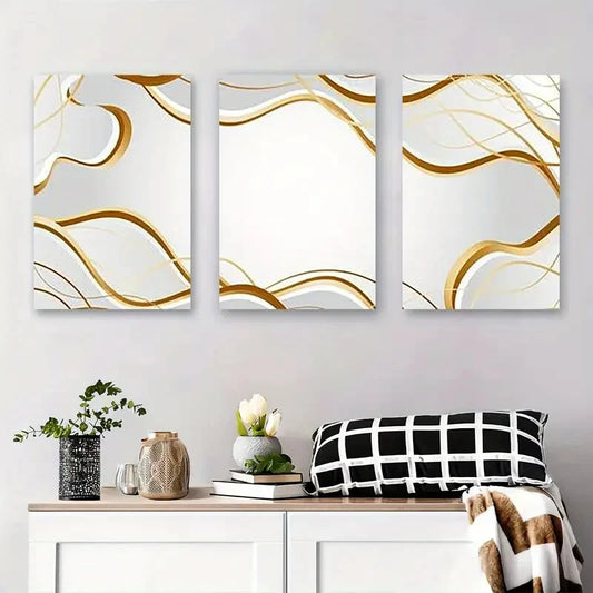 3pcs Modern Minimalist Abstract Golden and White Metal Print Ready to Hang Art