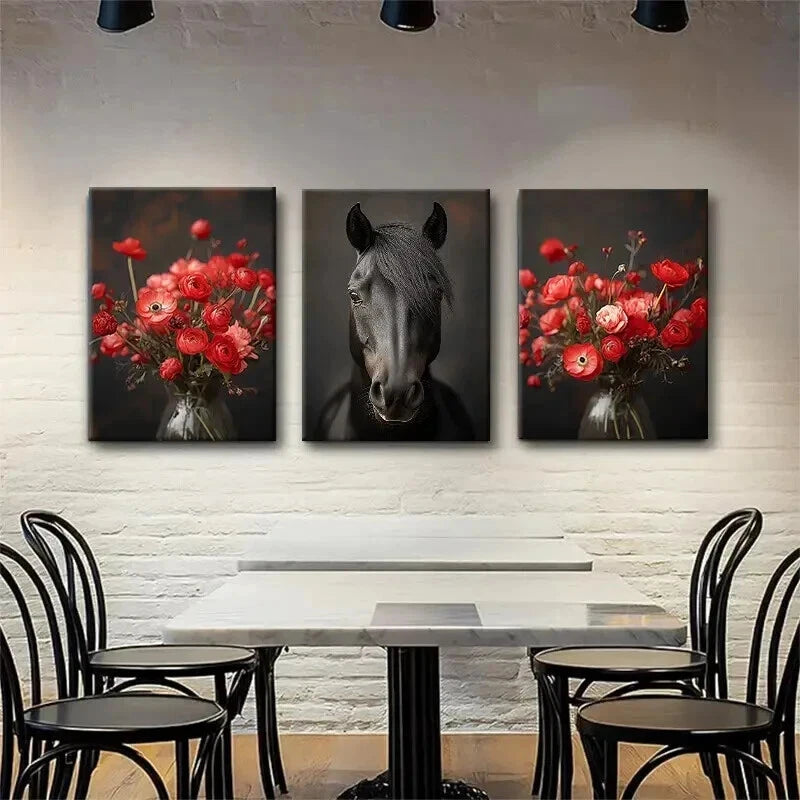 3pcs Majestic Black Horse and Red Floral Perfect Wall Art Set Canvas Framed 60x90cm - High Quality Print 100% Australian Made Wall Canvas Ready to Hang