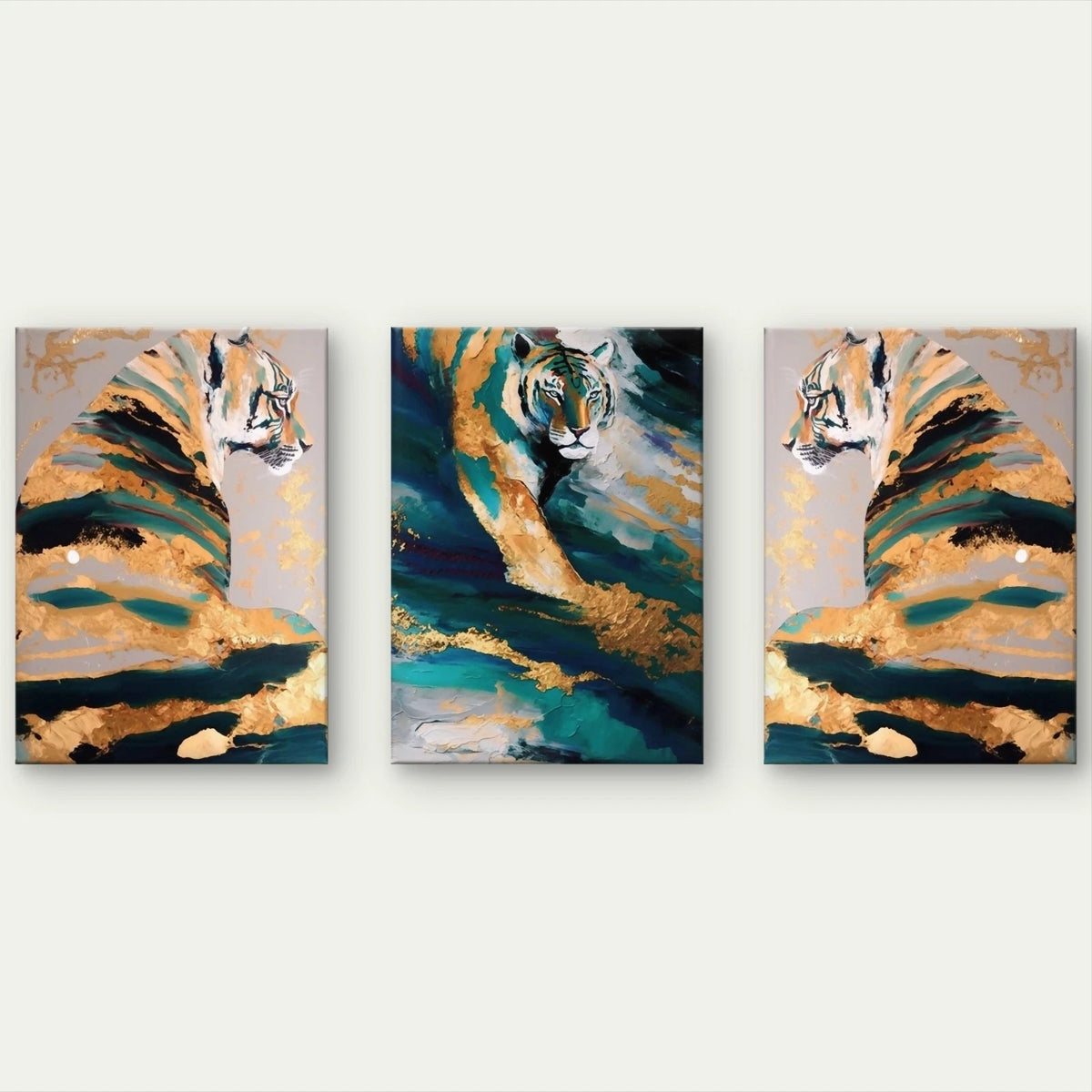 3pcs Modern Abstract Tiger and Gold Luxurious Wall Art Set Canvas Framed 50x70cm - High Quality Print 100% Australian Made Wall Canvas Ready to Hang