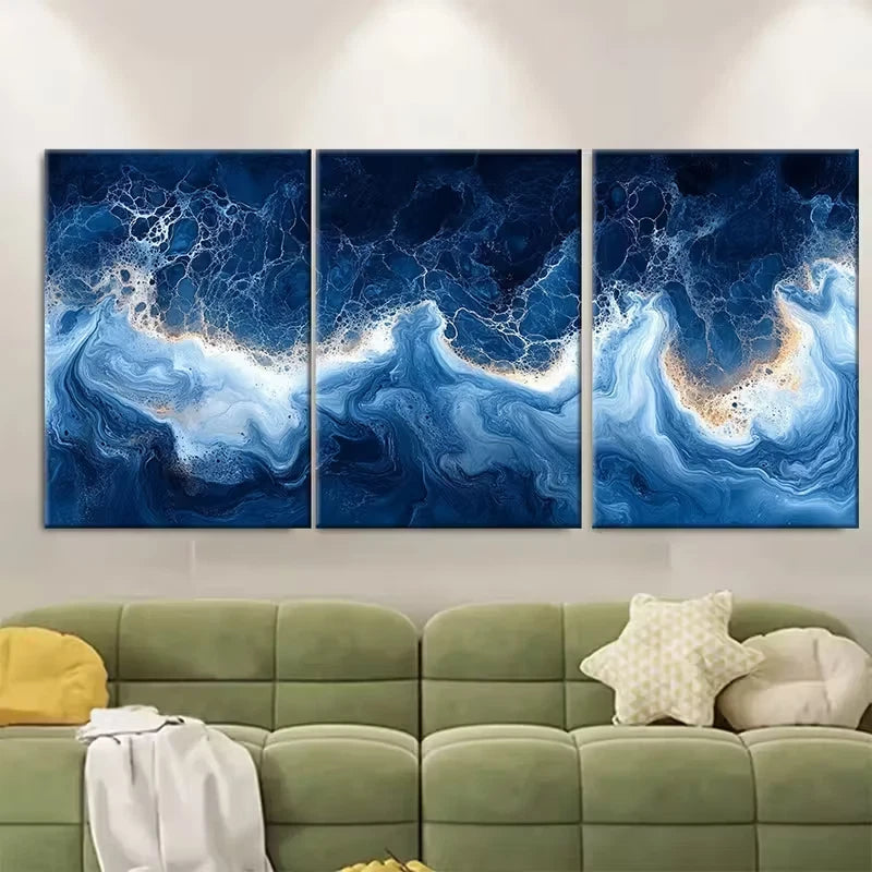 3pcs Blue and White Marbled Metal Print Ready to Hang Art - Bella Home Decor